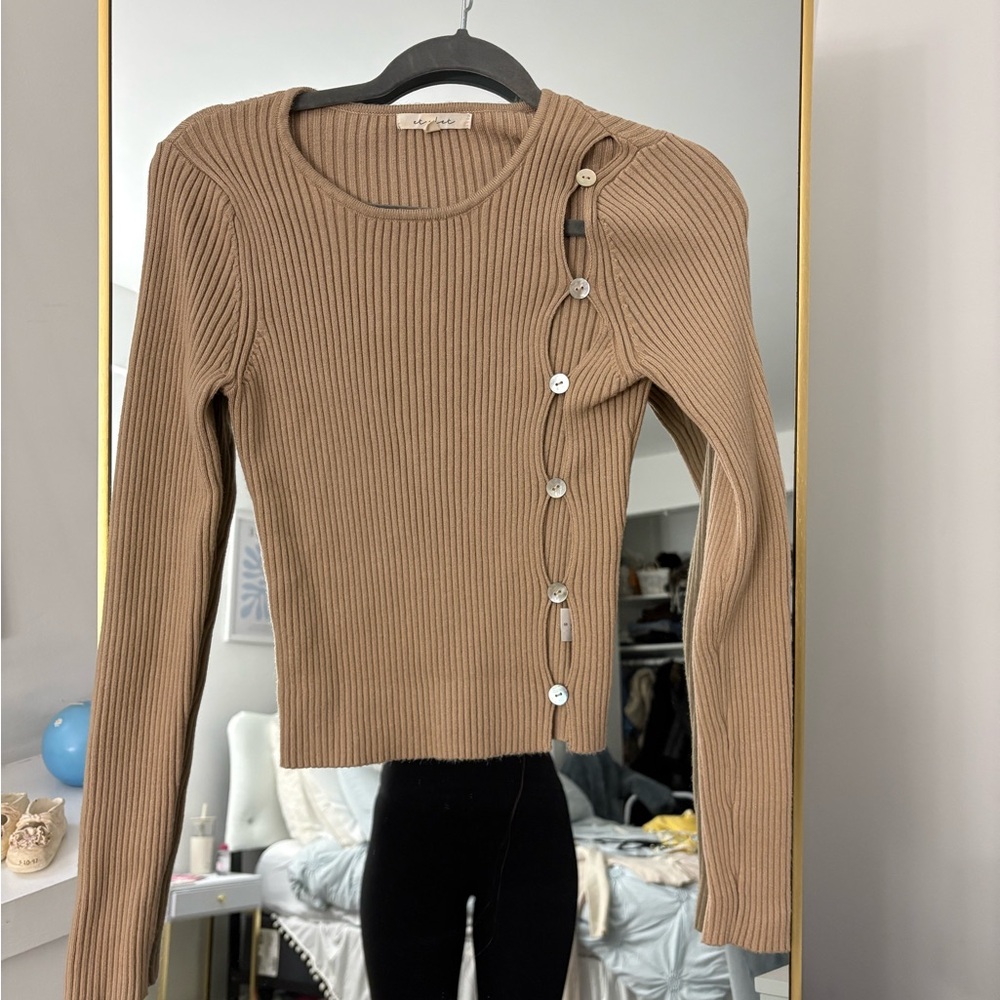Tan Ribbed Sweater with Button Detail